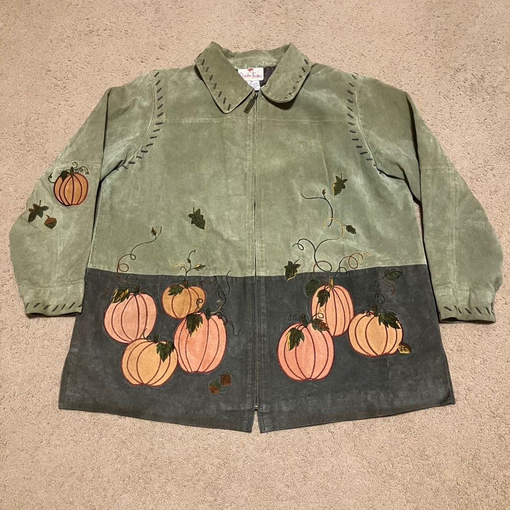 Quacker Factory Suede Leather Pumpkin Embroidered Jacket Green Grey Zip Front M